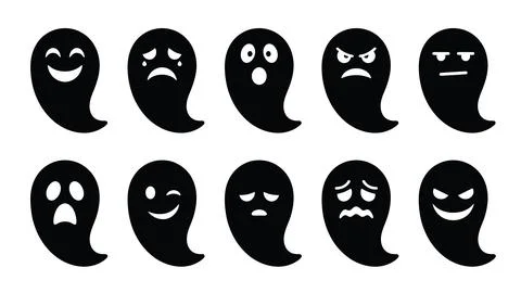 Set of ten ghost icons with various emotions, cute halloween character coll.. Stock Illustration