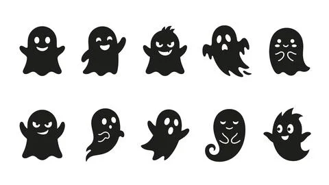 Set of ten ghost icons with various hairstyles and expressions, cute hallow.. Stock Illustration