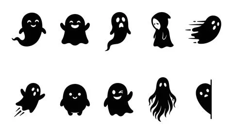 Set of ten ghost icons in various poses, cute halloween character collectio.. Stock Illustration