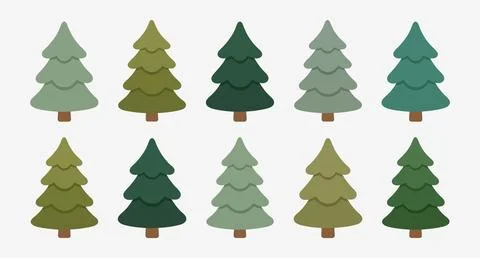 Set of ten green pine trees in various shades and shapes with evergreen イラスト素材