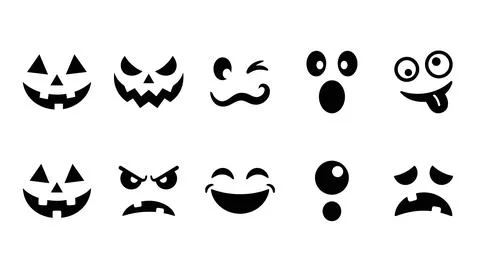 Set of ten halloween pumpkin faces, collection of spooky jack o' lantern ex.. Stock Illustration
