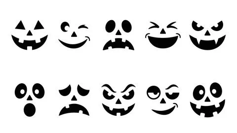 Set of ten halloween pumpkin faces, collection of spooky jack o' lantern ex.. Stock Illustration