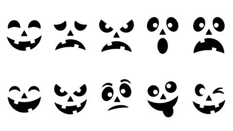 Set of ten halloween pumpkin faces, collection of spooky jack o' lantern ex.. Stock Illustration