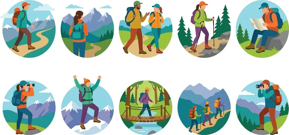 Set of ten hikers exploring diverse natural landscapes, men and women enjoy.. イラスト素材