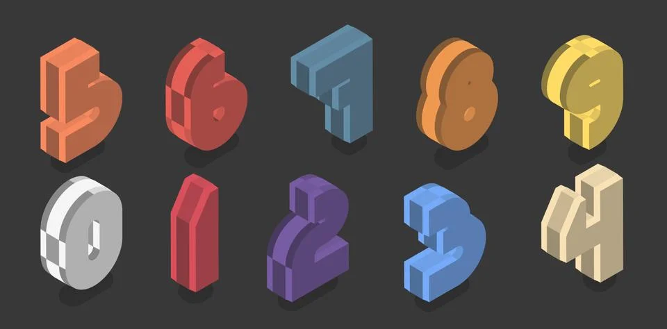 Set of ten isometric numbers from zero to nine. Vector 3d number plastic desi Illustrazione stock
