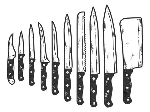 Set of ten knives. Sketch scratch board imitation color. Stock Illustration