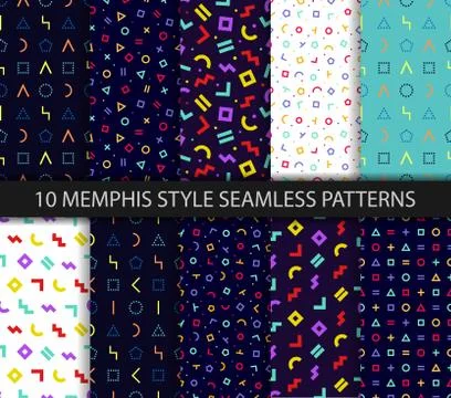 Set of ten memphis seamless pattern. Geometric textures. Vector. Wrapping pap Stock Illustration