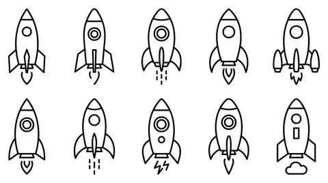 Set of ten minimalist rocket launch icons for creative business projects Иллюстрация