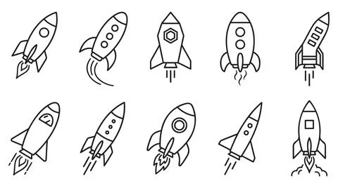 Set of ten minimalist rocket ship launch icons for space exploration design Ilustración de archivo