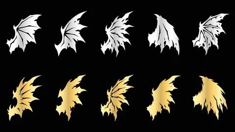 Set of ten mythical dragon wings in gold and silver, perfect for fantasy cr.. Stock Illustration