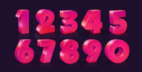 Set of ten numbers form zero to nine, Vivid neon pink on dark background Illustrazione stock