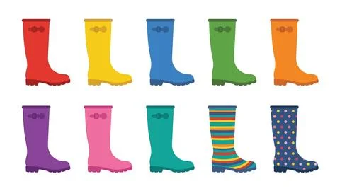Set of ten rubber boots, collection of colorful gumboots with various patte.. Stock Illustration