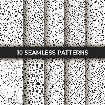 Set of ten seamless patterns. Retro memphis geometric line shapes. Retro fa.. Stock Illustration