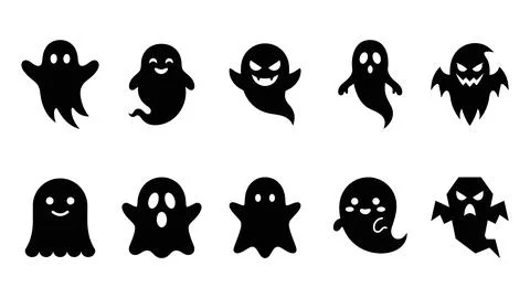 Set of ten spooky ghost icons, cute halloween character collection with var.. Stock Illustration