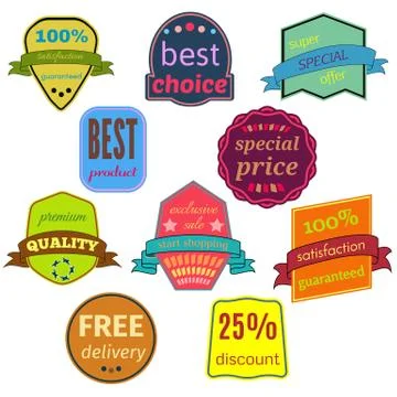 Set of Ten Vector Badges with Ribbons Stock Illustration