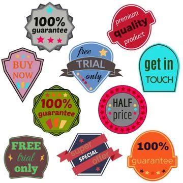 Set of Ten Vector Badges with Ribbons Stock Illustration