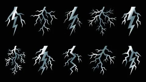 Set of ten vector black and white lightning bolt icons in various shapes Stock Illustration