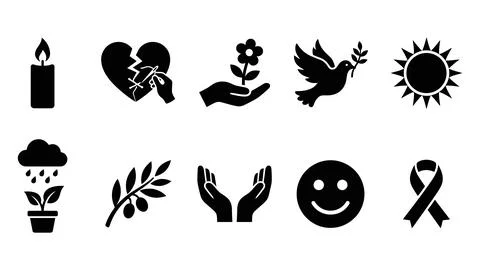 Set of ten vector icons of different symbols for hope, peace, and care. Stock Illustration