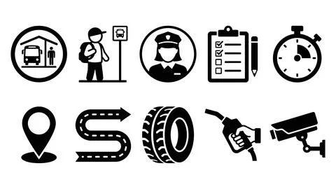 Set of ten vector icons related to transportation, logistics, public safety.. Stock Illustration