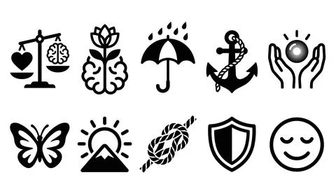 Set of ten vector icons representing mental and emotional well-being, growt.. Stock Illustration