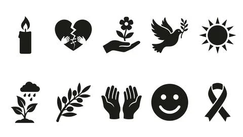 Set of ten vector icons representing peace, healing, and positive emotions. Illustrazione stock