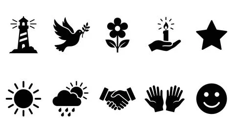 Set of ten vector icons representing peace, nature, and positive concepts. Illustrazione stock