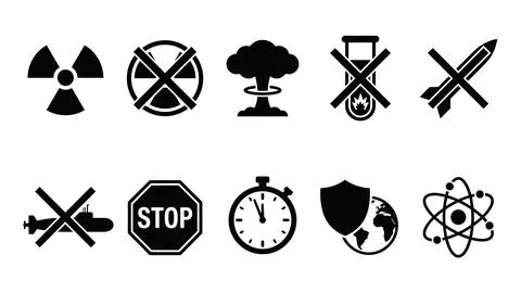 Set of ten vector icons representing anti-war, nuclear prohibition, and saf.. Ilustración de archivo