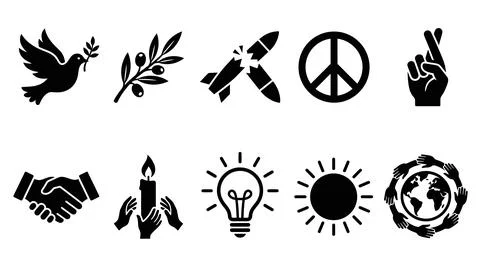 Set of ten vector icons representing peace, unity, and global hope. Stock Illustration
