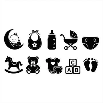 Set of ten vector icons representing baby care items and toys for children .. イラスト素材