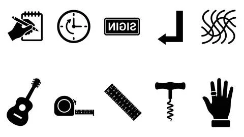 Set of ten vector icons of various objects and symbols including sign, meas.. Stock Illustration