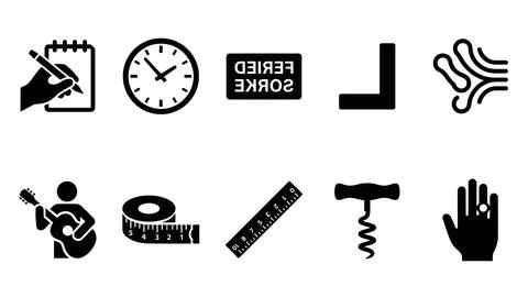 Set of ten vector icons of various objects and symbols including sign, meas.. Stock Illustration