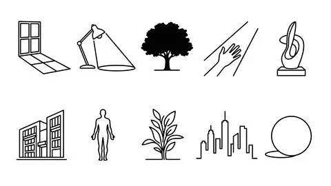 Set of ten vector linear icons representing various objects, nature element.. Illustrazione stock