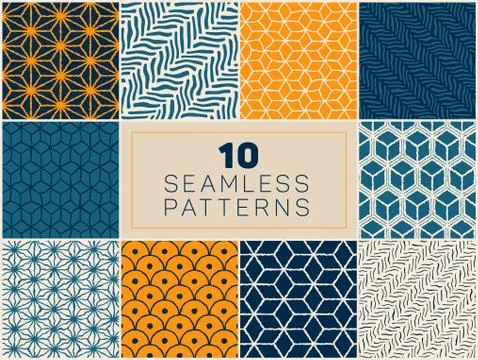 Set of Ten Vector Seamless Hand Drawn Geometric Line Patterns Stock Illustration