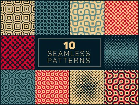 Set of Ten Vector Seamless Wavy Lines Truchet Irregular Halftone Patterns In Red Stock Illustration
