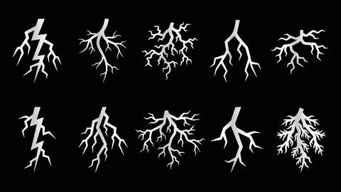 Set of ten vector white lightning bolt icons in various shapes Stock Illustration