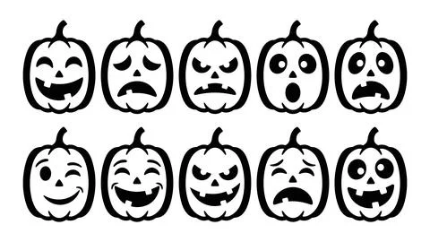 Set of ten white pumpkin outlines with black faces and shadow effect for mo.. イラスト素材