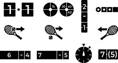 Set of tennis score and timer black icons, sport match elements. Illustrazione stock