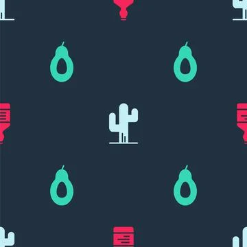 Set Tequila bottle, Cactus and Avocado on seamless pattern. Vector イラスト素材