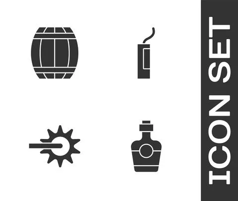 Set Tequila bottle, Gun powder barrel, Spur and Dynamite bomb icon. Vector Stock Illustration