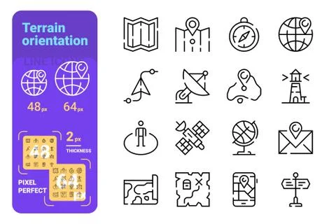 Set terrain orientation simple lines icons of navigation equipment. Stock Illustration
