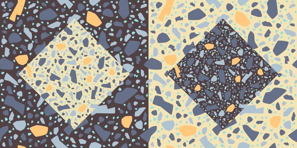 Set of Terrazzo texture vector seamless pattern. Beige and brown diamonds. Stock Illustration