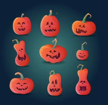 Set of terrible pumpkins on a dark background. Stock Illustration