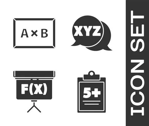 Set Test or exam sheet, Chalkboard, Chalkboard and XYZ Coordinate system icon Stock-Illustration