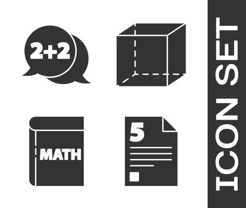 Set Test or exam sheet, Equation solution, Book with word mathematics and Stock Illustration
