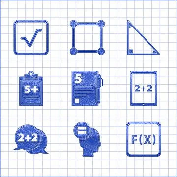 Set Test or exam sheet and pen, Calculation, Function mathematical symbol 스톡 일러스트