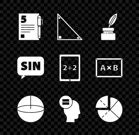 Set Test or exam sheet and pen, Triangle math, Feather inkwell, Geometric figure Illustrazione stock
