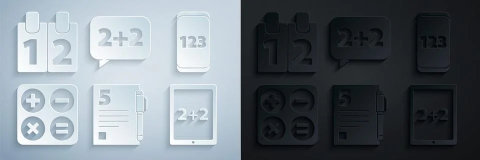 Set Test or exam sheet and pen, Mobile calculator interface, Calculator, Tablet Stock Illustration