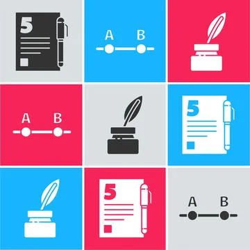Set Test or exam sheet and pen, Graph, schedule, chart, diagram and Feather and Stock Illustration