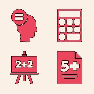 Set Test or exam sheet, Calculation, Calculator and Chalkboard icon. Vector Stock Illustration