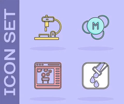 Set Test tube and flask, Microscope, Chemical online and Molecule icon. Vector イラスト素材